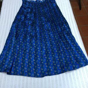 Vintage Lutz Teutloff Women's Size 10 Blue Paisley Print Silk Pleated Midi Skirt